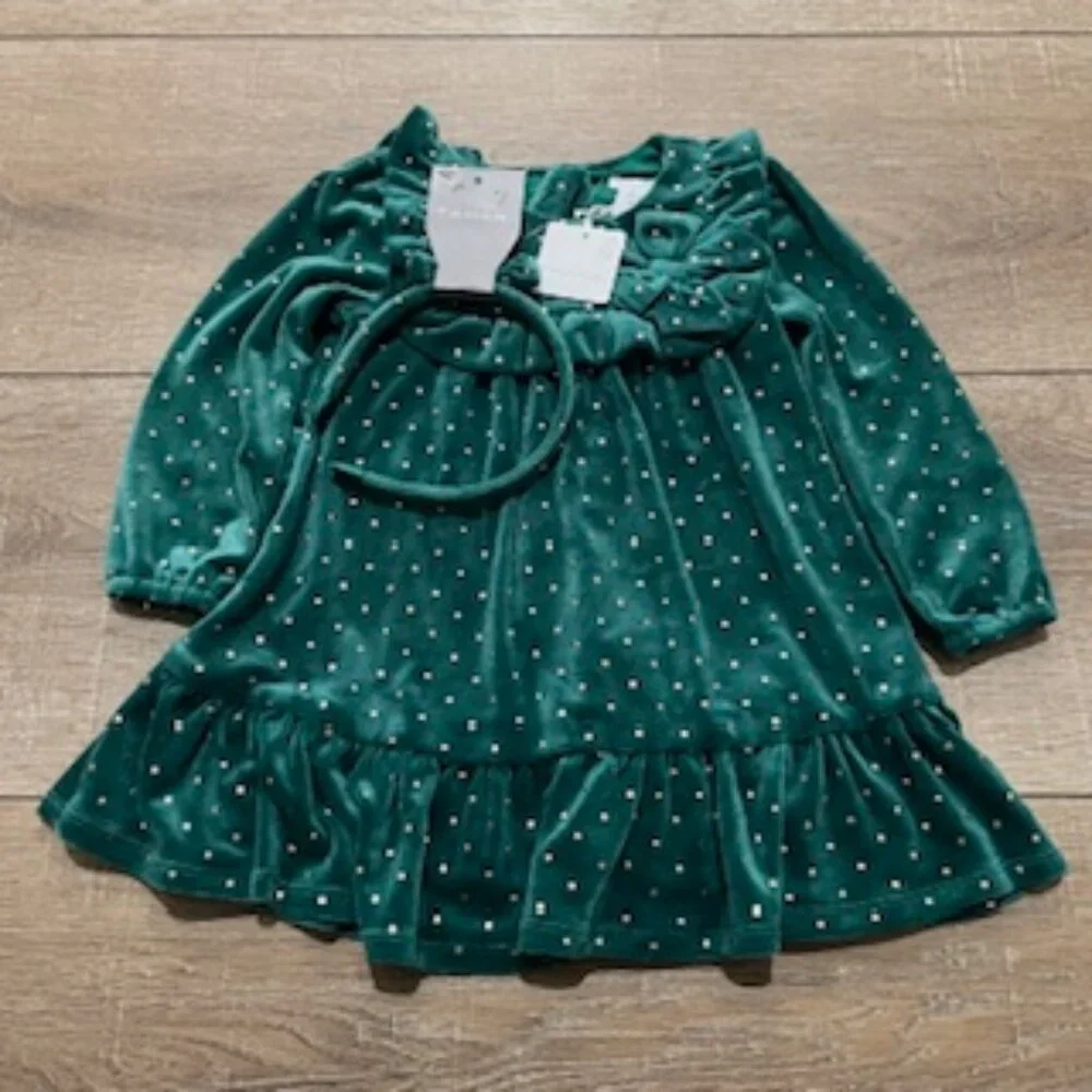 New Tahari Dress Girls Size 2 Green Velour Velvet With Gold Studs & Headband NWT